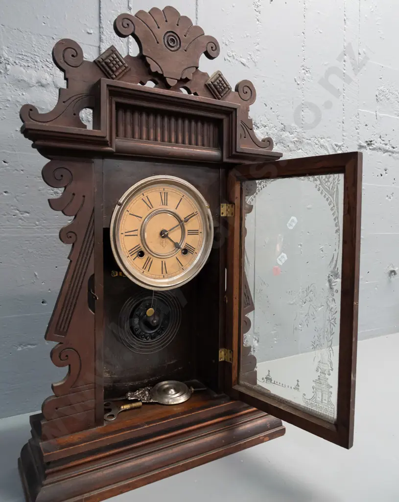 Ansonia mantle clock, carved & pierced decoration, glazed & etch glass door. H625 W380 - not going Image 1++