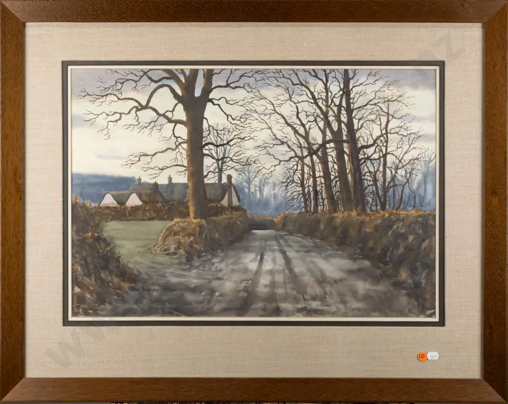 Eric Ingram - framed watercolour - tree lined country road H360 W530 Image 1++