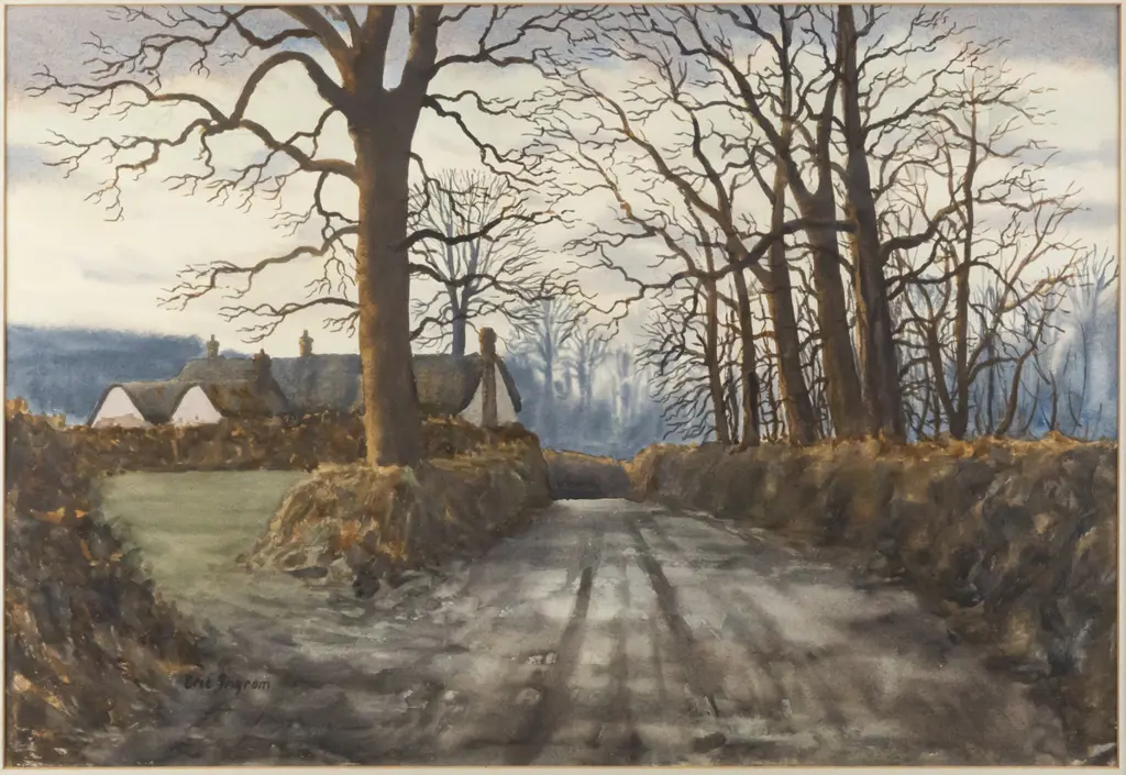 Eric Ingram - framed watercolour - tree lined country road H360 W530 Image 1++