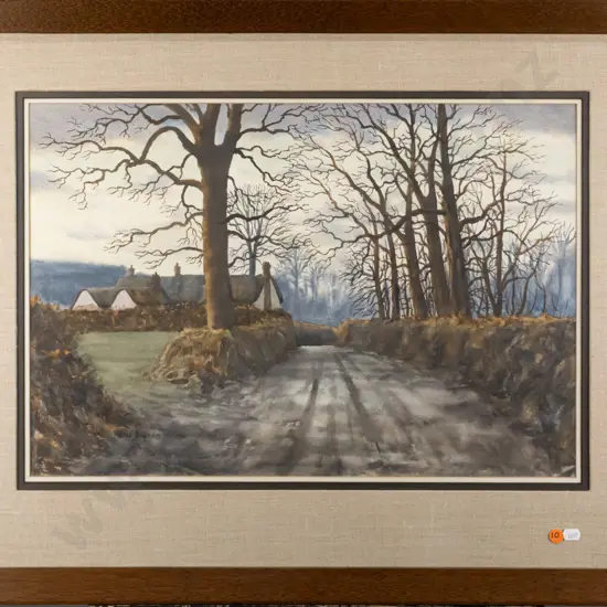 Eric Ingram - framed watercolour - tree lined country road H360 W530