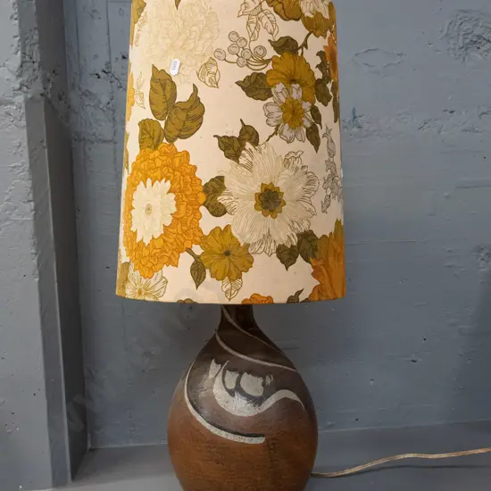 Frederika Ernsten NZ studio pottery table lamp base with retro floral print shade - going but fitting loose, wiring