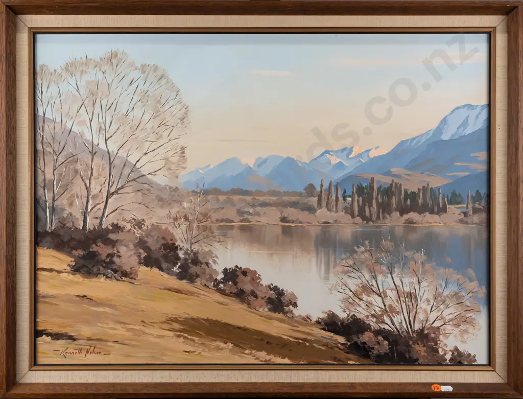 Kenneth Nelson 1974 - framed oil "Winter Lake Hayes, Central Otago"  H470 W640 (some scratching to paint) Image 1++