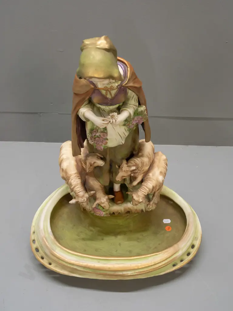 vintage large Imperial Amphora shepherdess figural vase - head repaired, ram has rubbing to one horn H-530 W-480 Image 1++