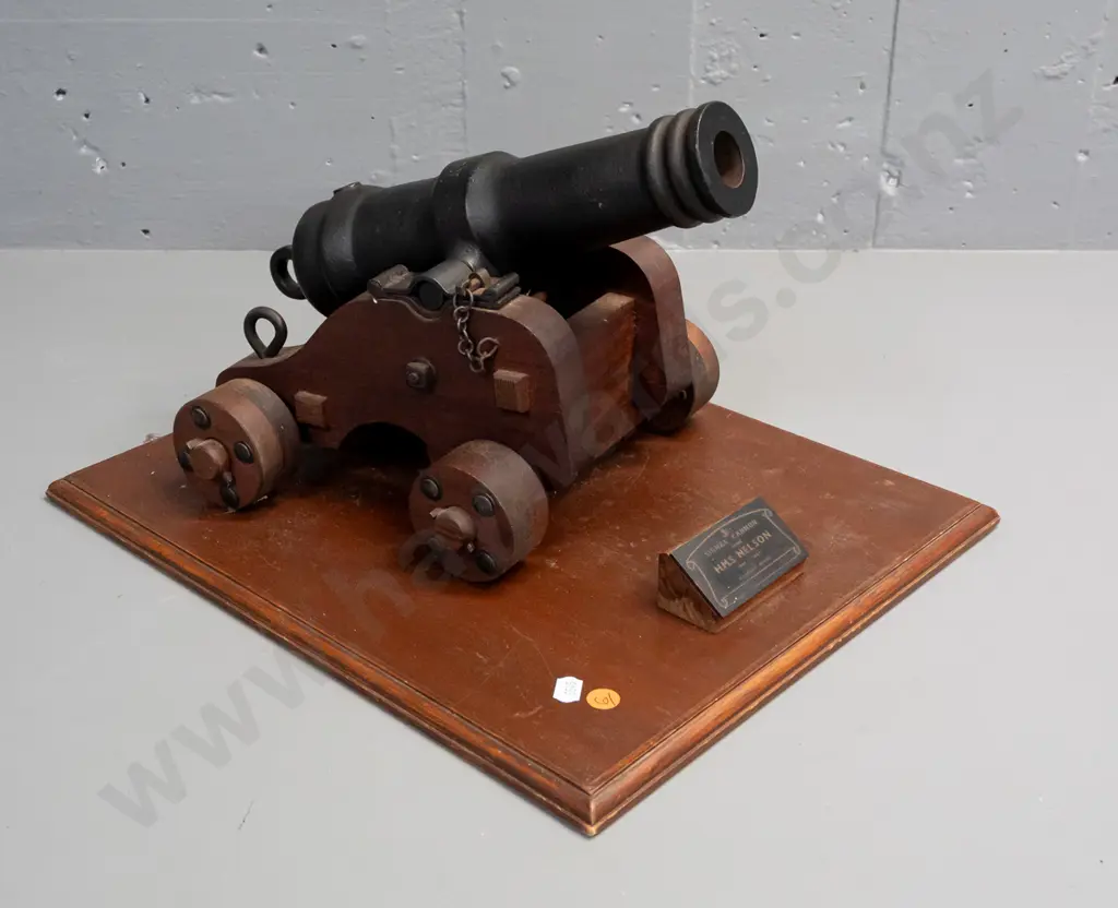 Replica 1/3 scale, cast metal model of signal cannon from HMS Nelson, on wooden base, with plaque Image 1++