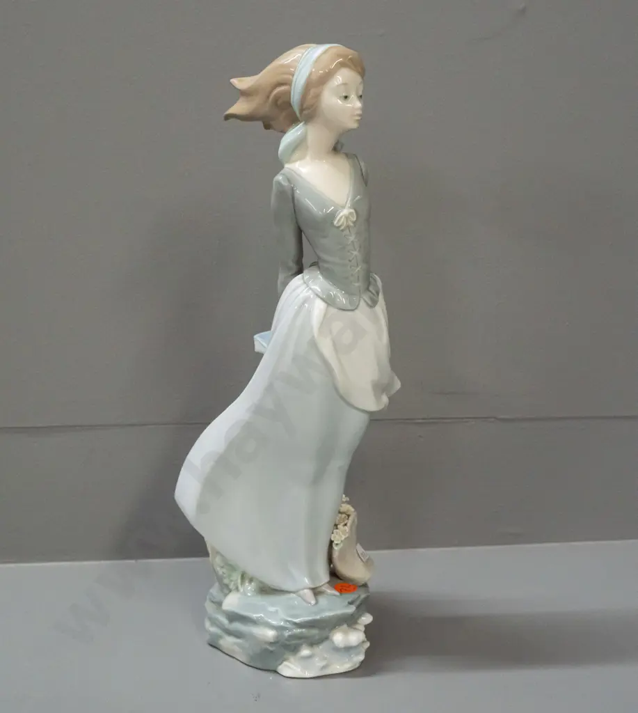 large Lladro figurine: standing woman with book and flower basket H-370 W-110 across base Image 1++