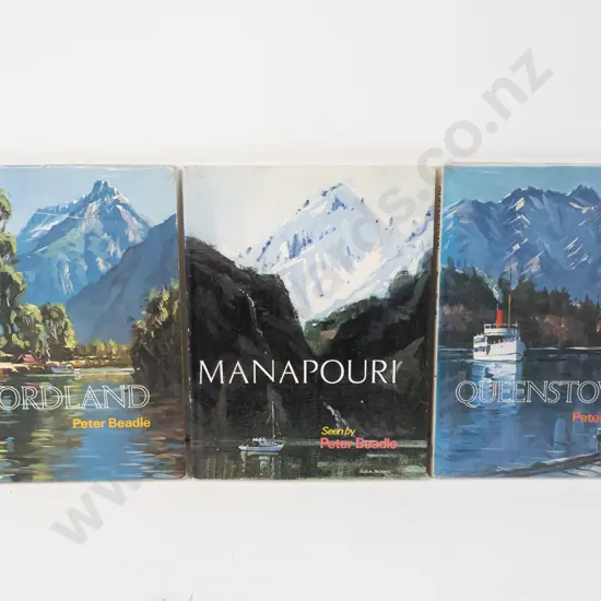 3x Peter Beadle hard cover south island art books - Manapouri, Queenstown and Fiordland - pub. 1971, 72 & 73