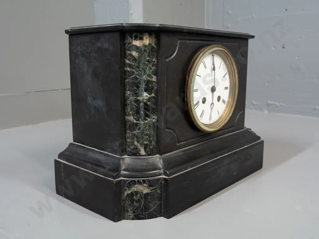 vintage mantel clock with Belgian marble case, French movement, porcelain base-has key but no pendulum. Some Image 1++