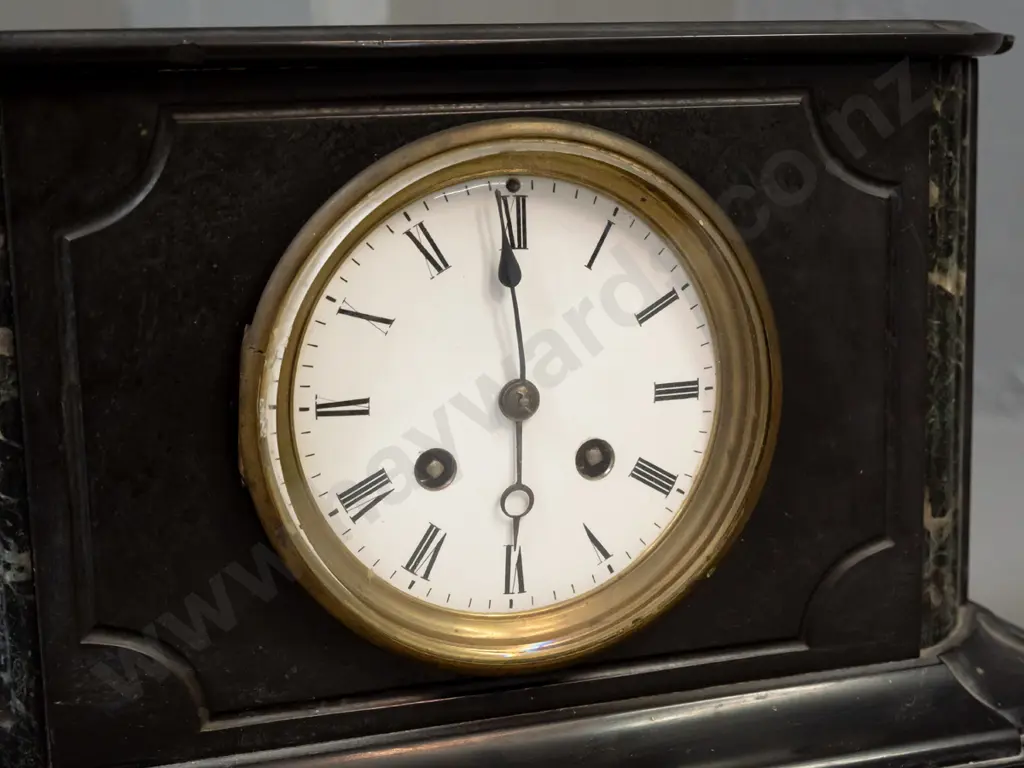 vintage mantel clock with Belgian marble case, French movement, porcelain base-has key but no pendulum. Some Image 1++
