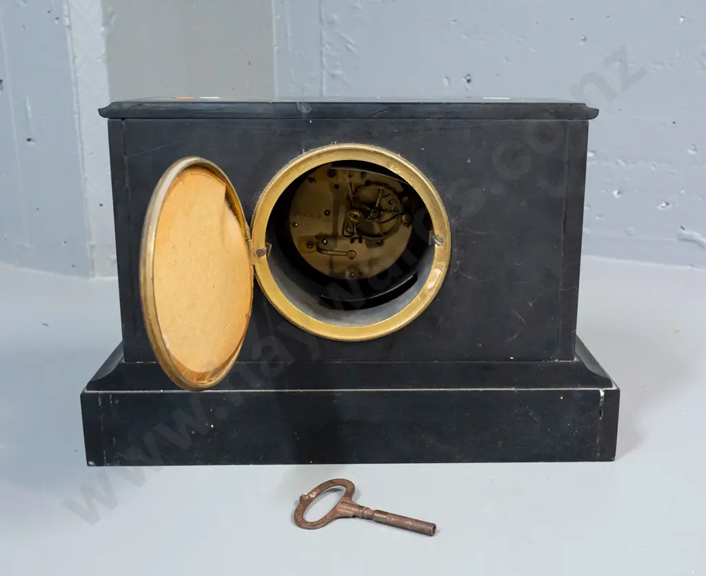 vintage mantel clock with Belgian marble case, French movement, porcelain base-has key but no pendulum. Some Image 1++