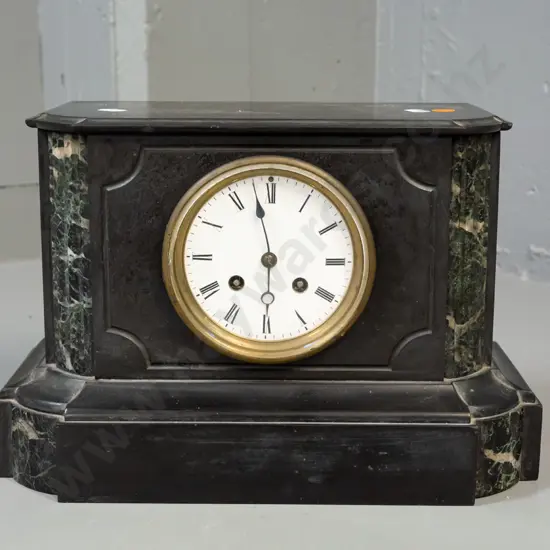 vintage mantel clock with Belgian marble case, French movement, porcelain base-has key but no pendulum. Some