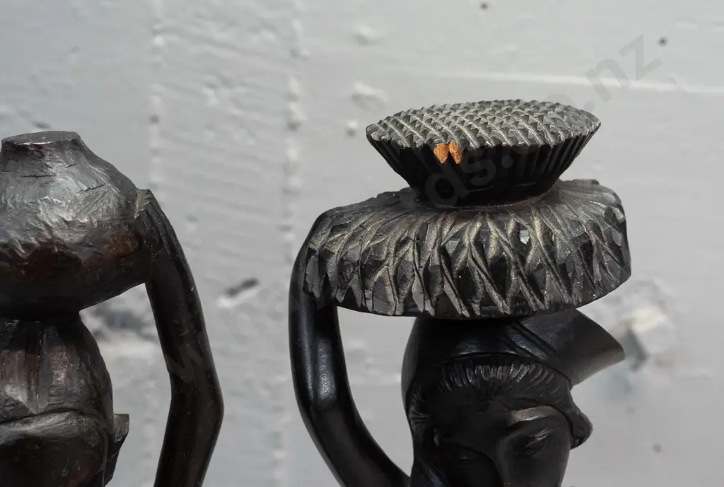 3x carved wood female figures - one marked Bali on base has a chip to basket H-320 Image 1++