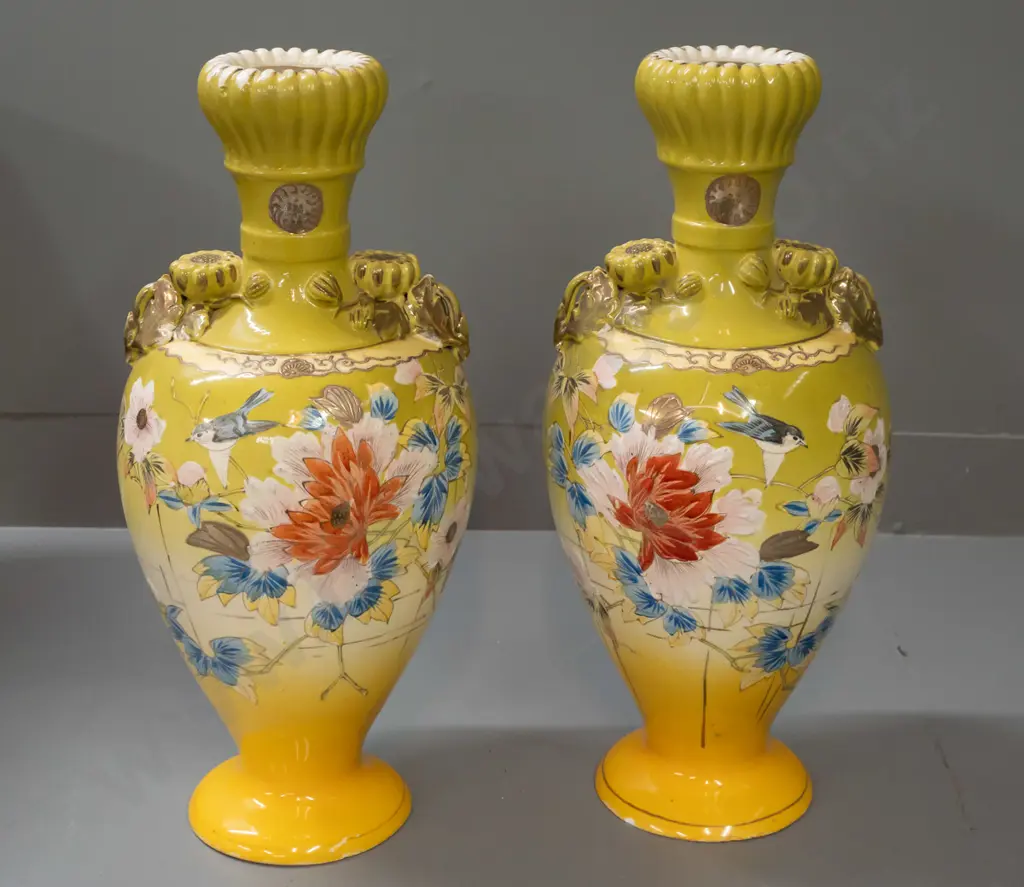 pair of Satsuma style hand decorated floral & bird motif vases with fluted bud-shaped top, applied floral handles. Both Image 1++