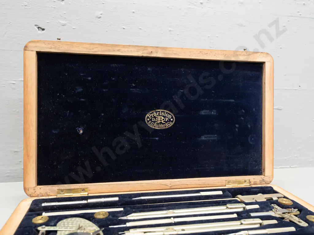 vintage German E.O. Richter & Co Pracision drafting set with dotting pen, brass cams, numerous drawing tools, in fitted Image 1++