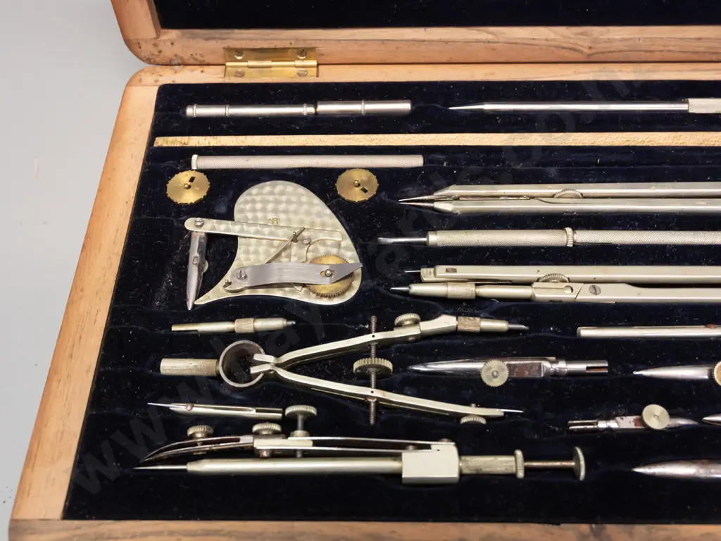 vintage German E.O. Richter & Co Pracision drafting set with dotting pen, brass cams, numerous drawing tools, in fitted Image 1++