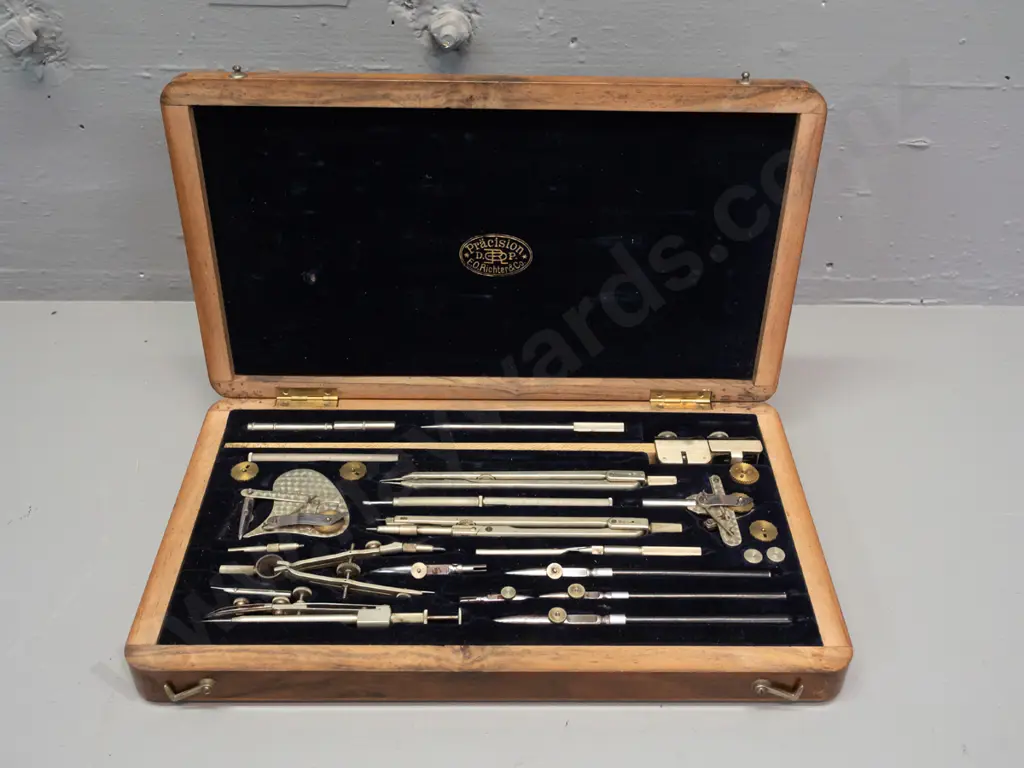 vintage German E.O. Richter & Co Pracision drafting set with dotting pen, brass cams, numerous drawing tools, in fitted Image 1++