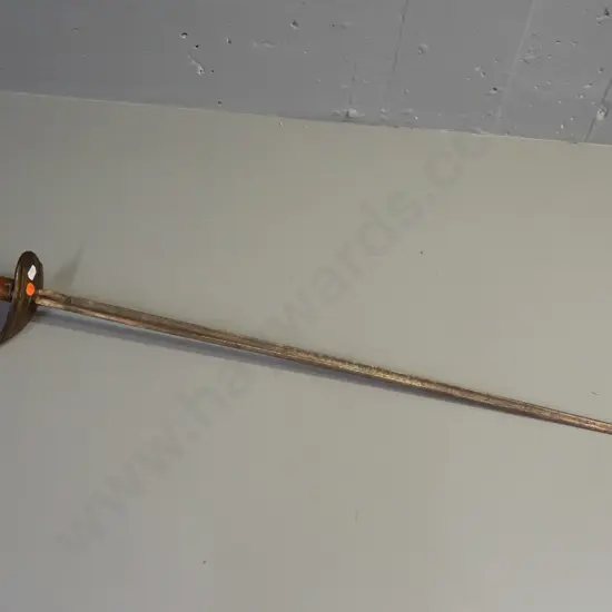 vintage decorative sword with oak handle, brass patina to hilt and forged blade - some paint or polish wear and pitting.