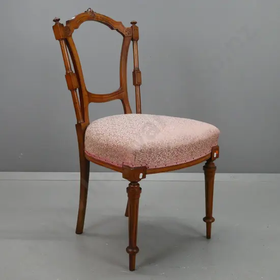 Victorian walnut open backed bedroom chair, turned supports, turned fluted legs H900 W460 W450