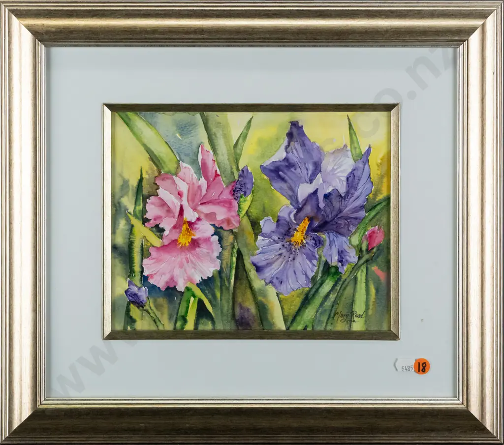 Mary Raad - framed watercolour - irises H180 W230 Image 1++