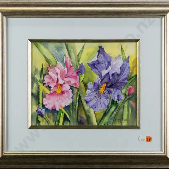 Mary Raad - framed watercolour - irises H180 W230