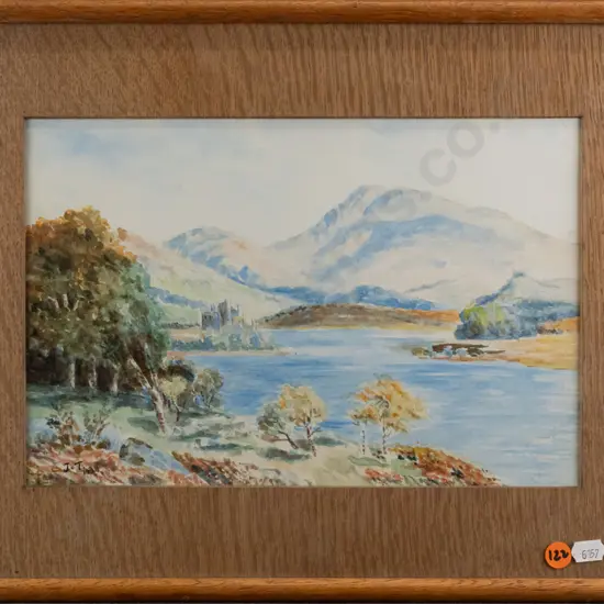 J.T 1938 - framed watercolour - lake and mountain scene H190 W290