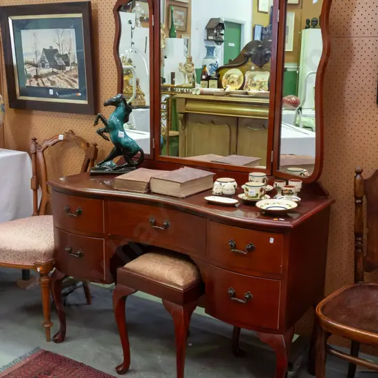 reproduction NZ-made mahogany 5-drawer dressing table on short cab legs, with metal drop handles, shaped mirrors - with