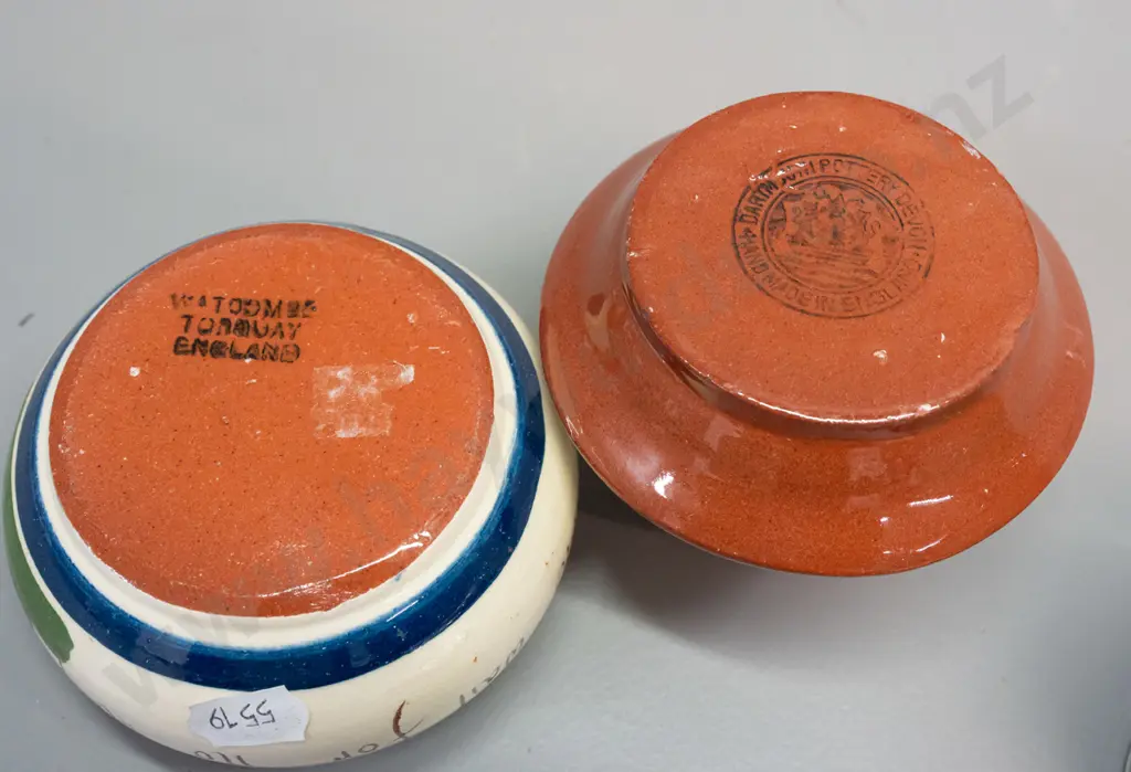 assorted Torquay ware - egg cups, cup & saucer, mug, pin dish, etc. - larger plate D-140 has fabric hanger on back - Image 1++