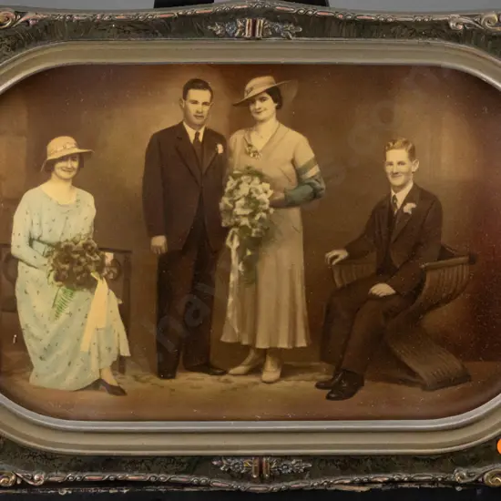 vintage convex glass framed hand coloured photograph - wedding group H350 W530