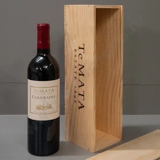 bottle of Te Mata Estate red wine - Coleraine Hawkes Bay 2013, in wooden presentation box