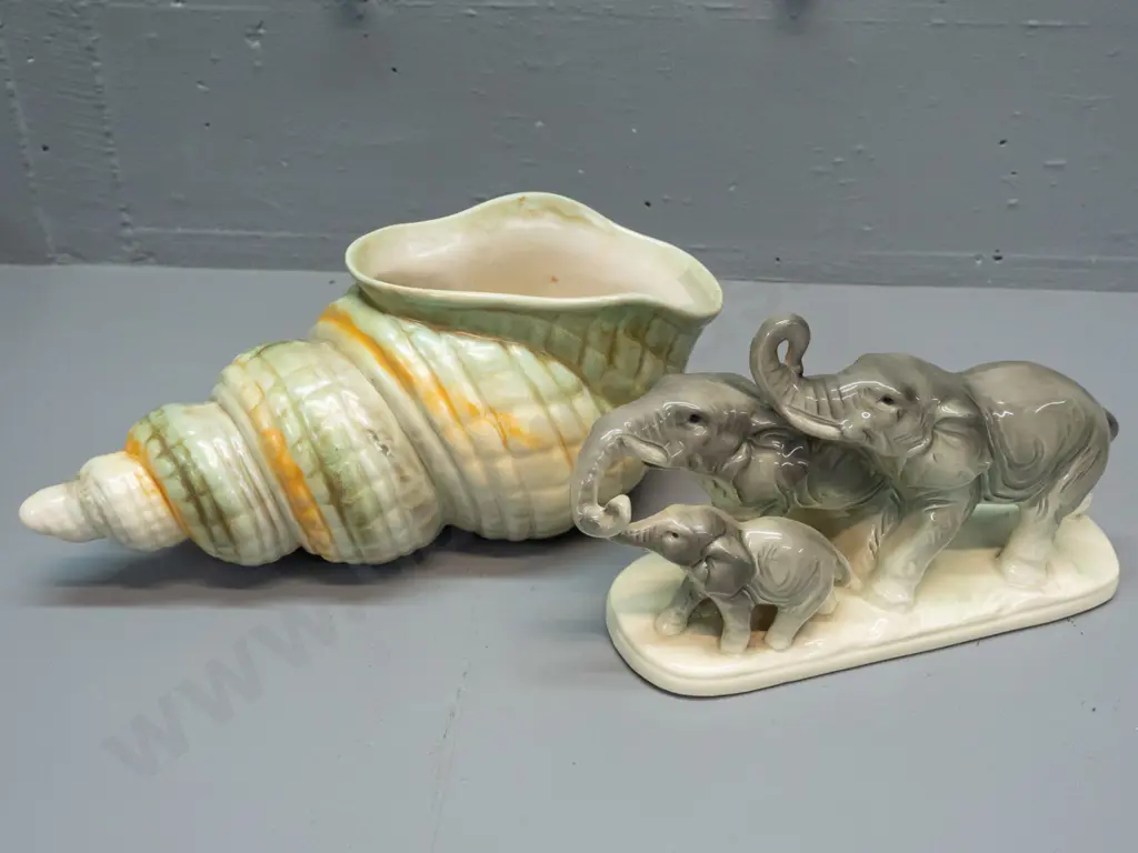 vintage Shorter & Sons shell vase and an elephant group figure with no maker's marks, minor crazing, vase has some Image 1++