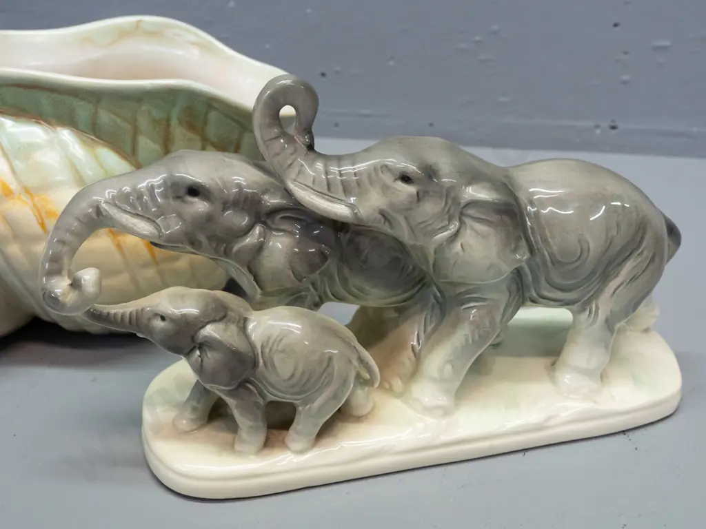 vintage Shorter & Sons shell vase and an elephant group figure with no maker's marks, minor crazing, vase has some Image 1++