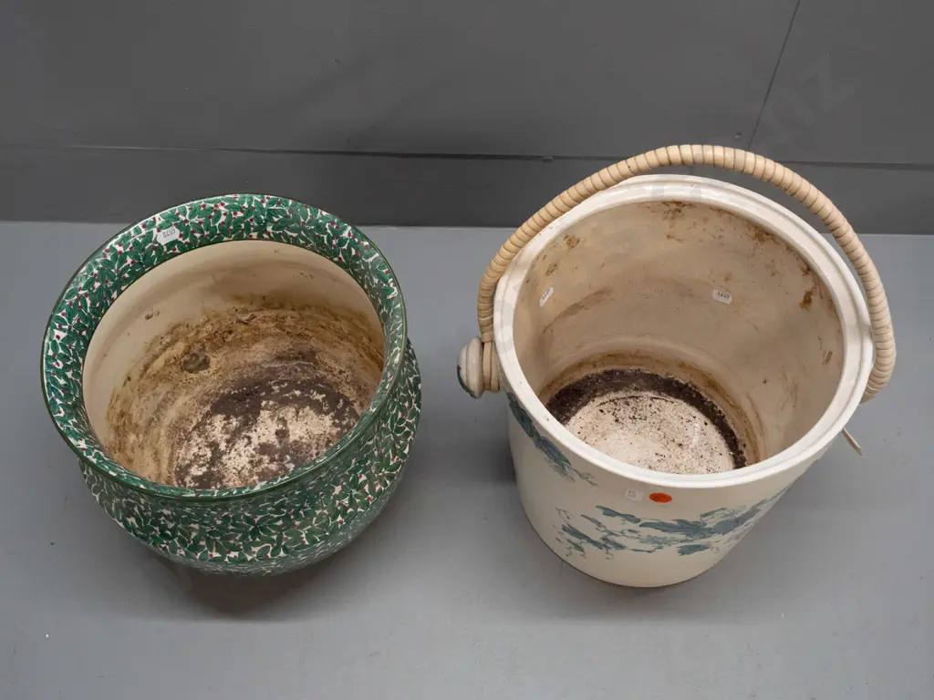 Wedgwood Etruria "Tyrolese" floral handled bucket/crock and Royal Doulton jardiniere with fine leaf and berry motif. Image 1++