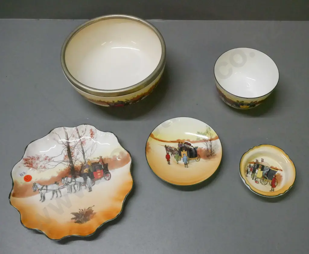 5x Royal Doulton coaching scene: salad bowl w/ plated rim, small bowl, pin dish, large plate & small plate. Salad bowl Image 1++