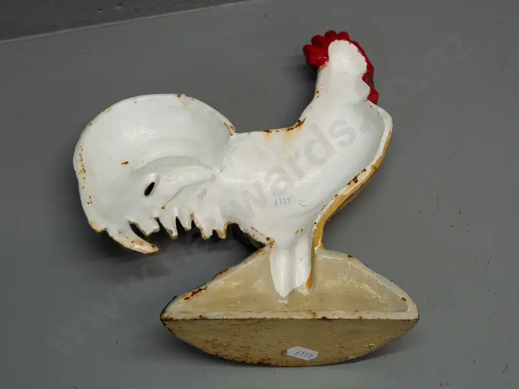 cast metal rooster door stop, polychrome painted, some corrosion & wear H-220 Image 1++