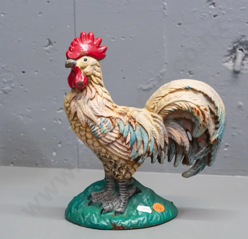 cast metal rooster door stop, polychrome painted, some corrosion & wear H-220 Image 1++