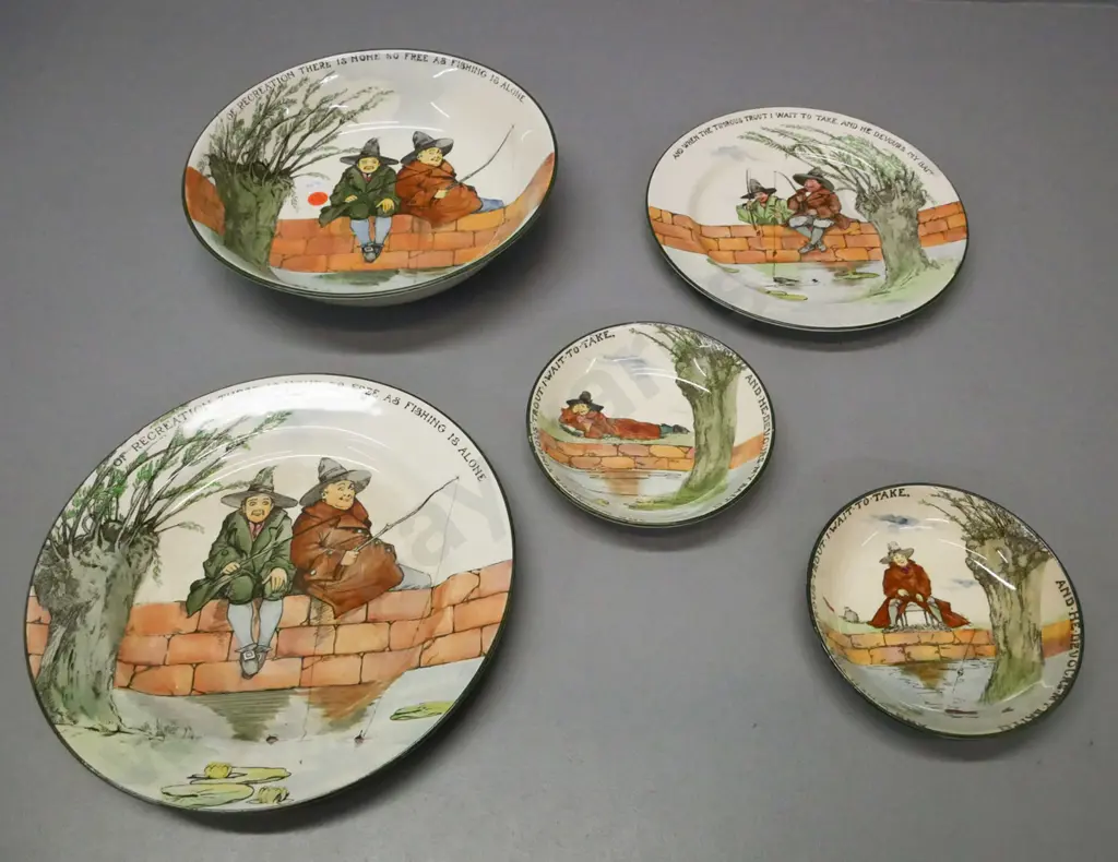 5x Royal Doulton The Gallant Fishers: large bowl, 2x smaller bowls, 2x varying sized plates. Some crazing and staining. Image 1++
