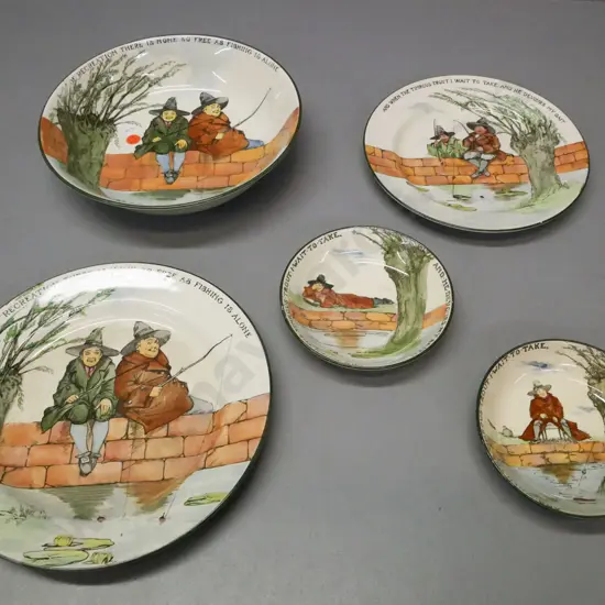 5x Royal Doulton The Gallant Fishers: large bowl, 2x smaller bowls, 2x varying sized plates. Some crazing and staining.