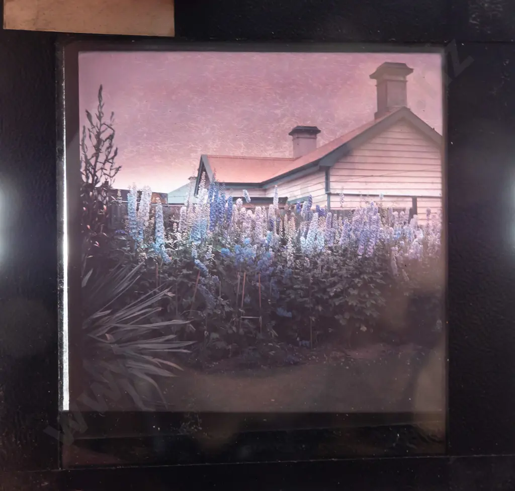 wooden box with assorted glass lantern slides, mostly (hand painted?) amateur houses and scenics, including a 16mm film Image 1++