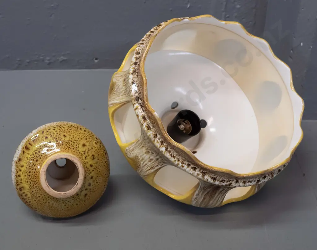 retro German pottery drip/lava glaze ceiling light fitting with separate journal and frosted plastic liner / Image 1++