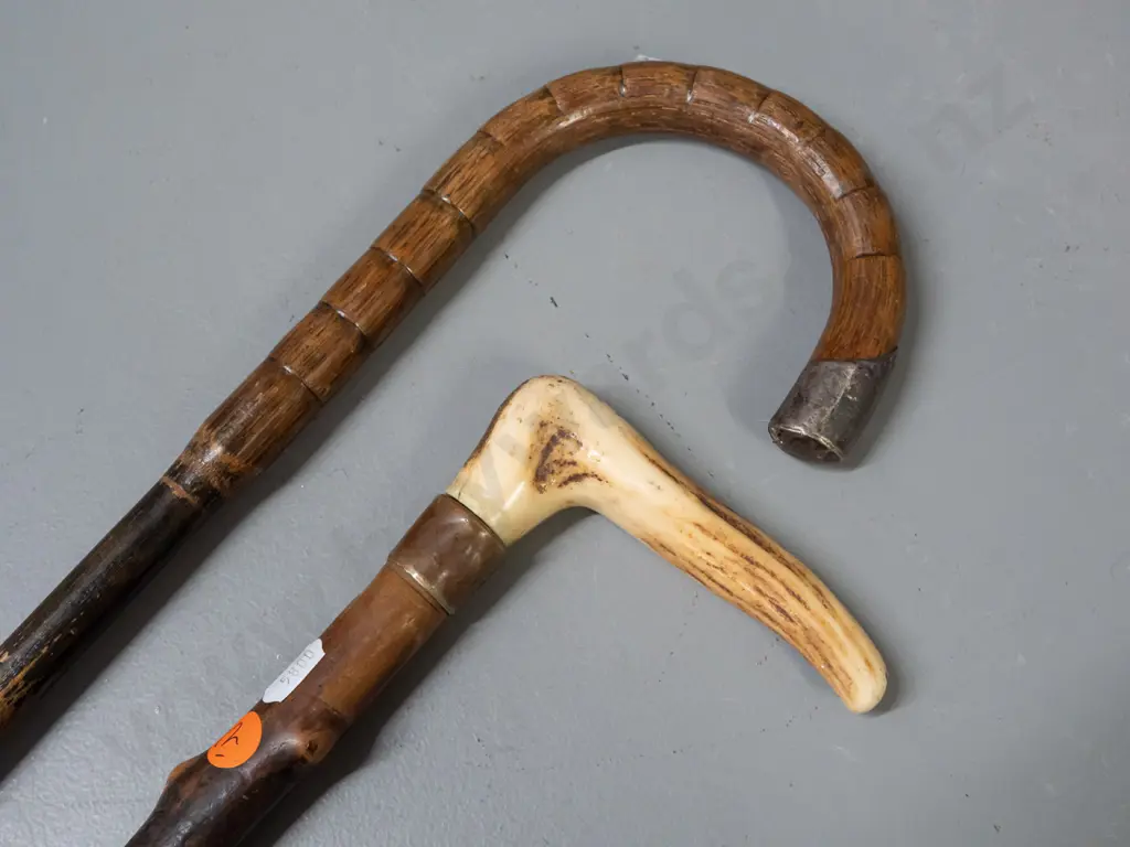 2 walking sticks - bent cane with sterling silver cap and a briar with antler handle and metal band & Image 1++