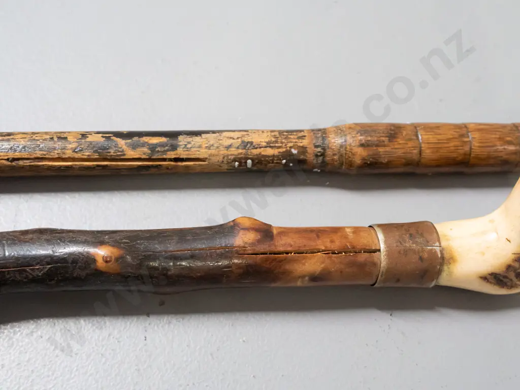 2 walking sticks - bent cane with sterling silver cap and a briar with antler handle and metal band & Image 1++