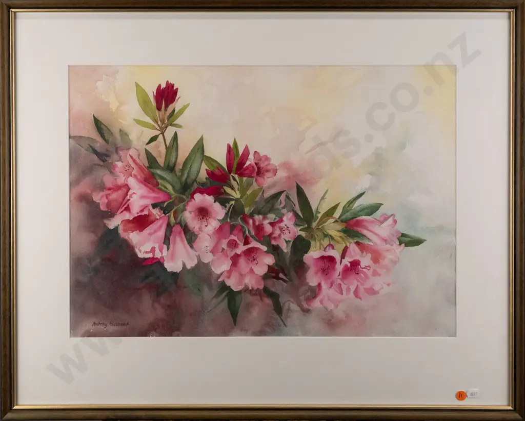Audrey Bascand - framed watercolour - rhododendrons H370 W530 Image 1++