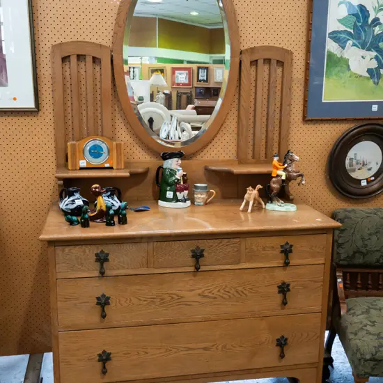 oak arts & craft mirror backed dresser, with oval beveled edge mirror, 2 shelf top above