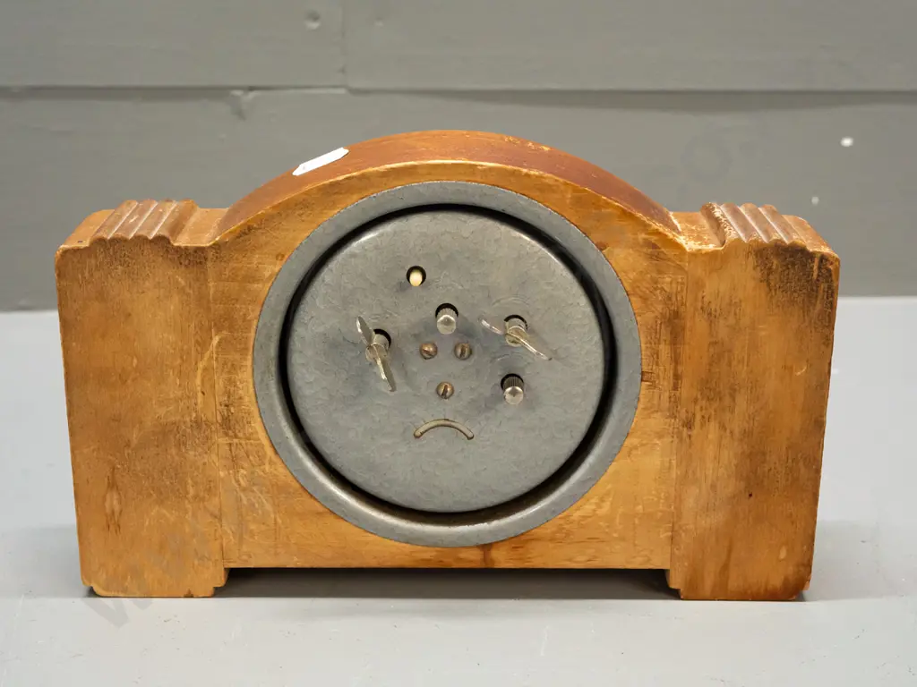 vintage alarm clock with deco style timber case, mid-century style face with clouds and jet plane 2nd hand, no maker's Image 1++