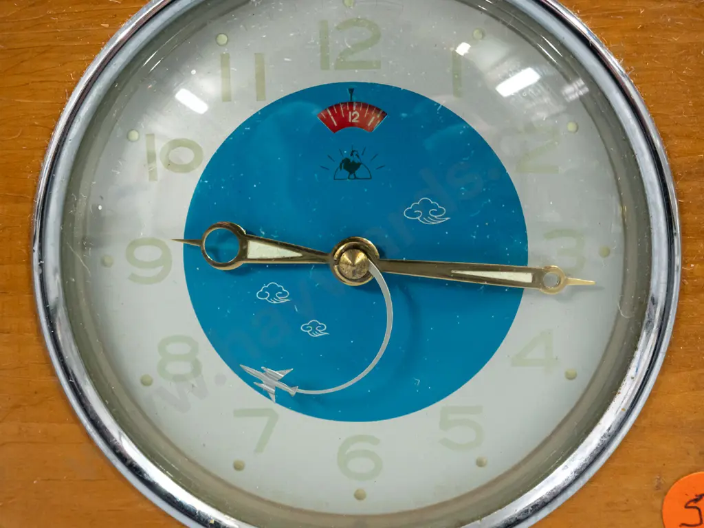 vintage alarm clock with deco style timber case, mid-century style face with clouds and jet plane 2nd hand, no maker's Image 1++