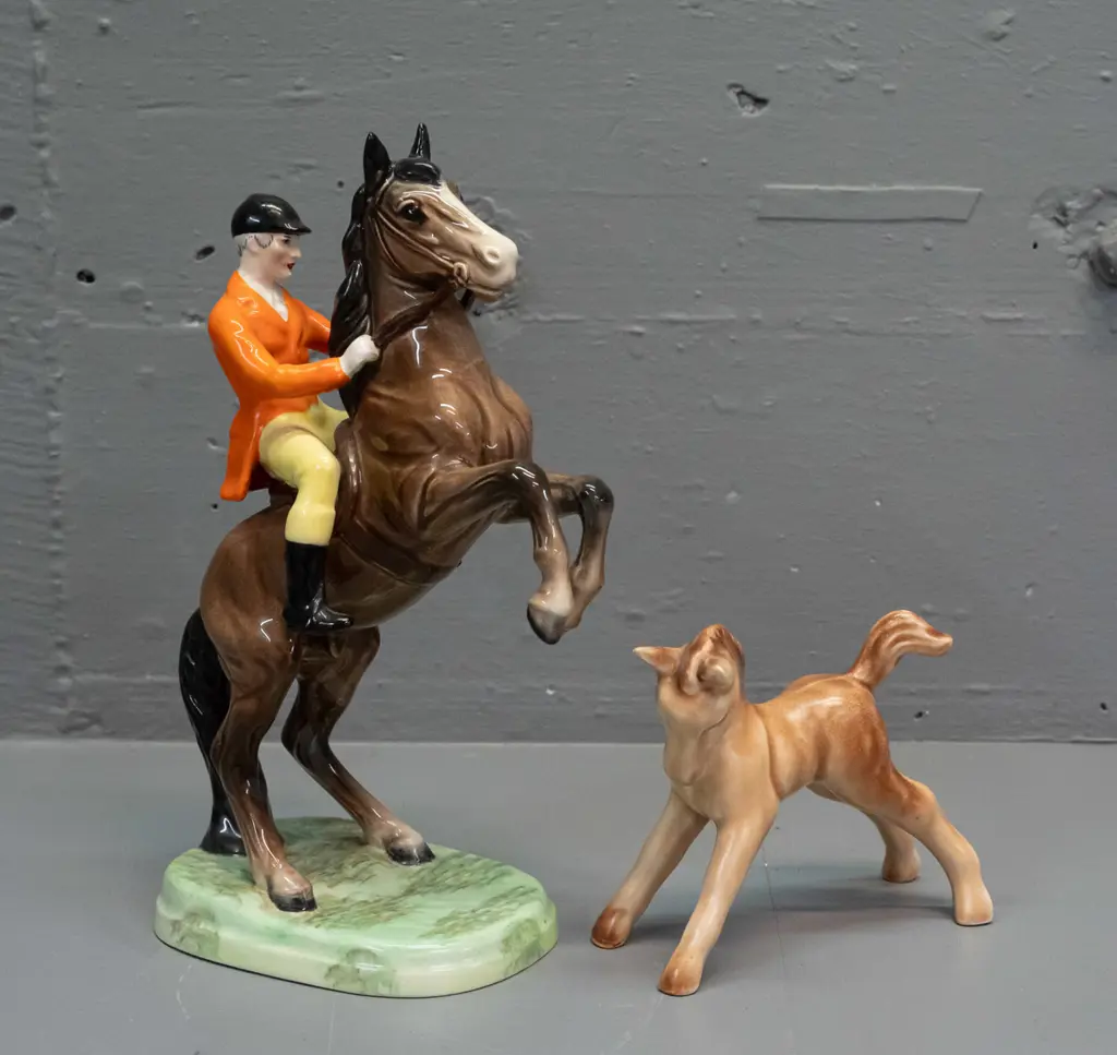 Beswick rearing horse with rider figure - repair to one foot - H245, and a small Sylvac foal with tiny fret to one ear. Image 1++