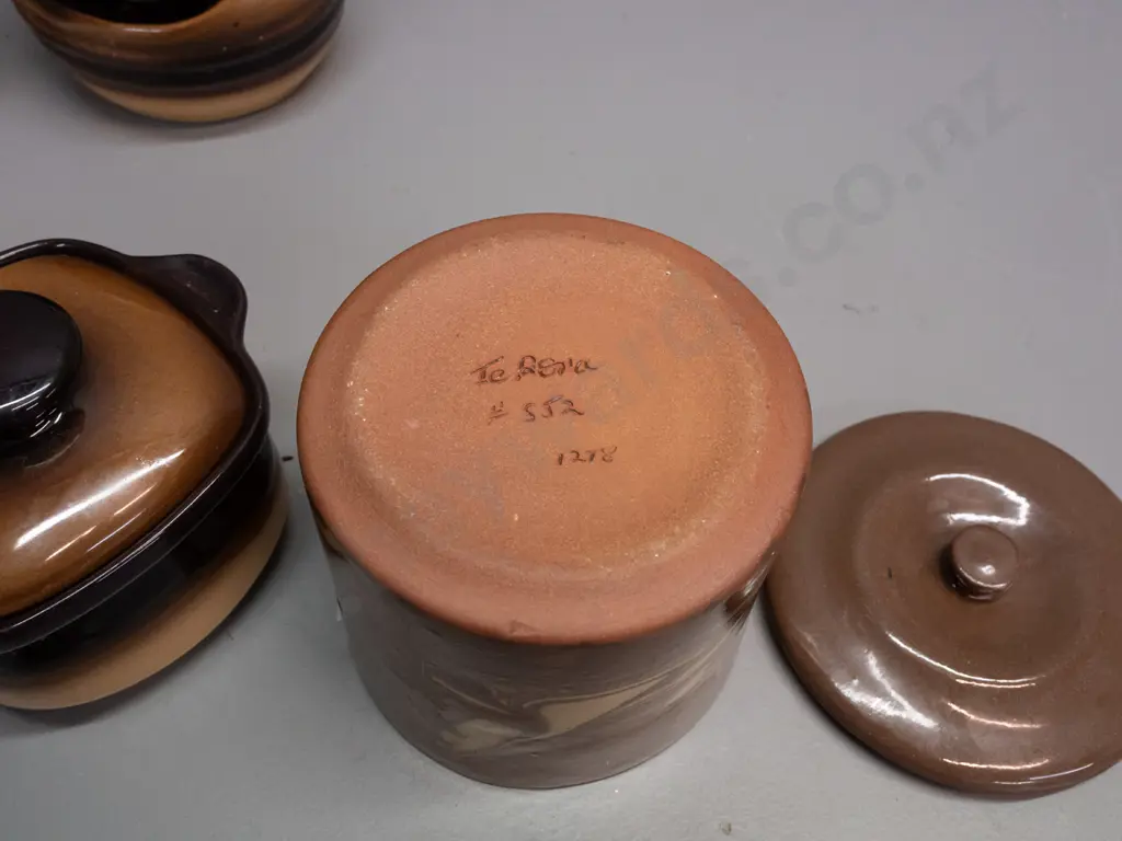 4 pieces Teal NZ pottery - salt pig, lidded canister, 2 lidded casseroles & a Te Rona lidded canister. Large casserole Image 1++