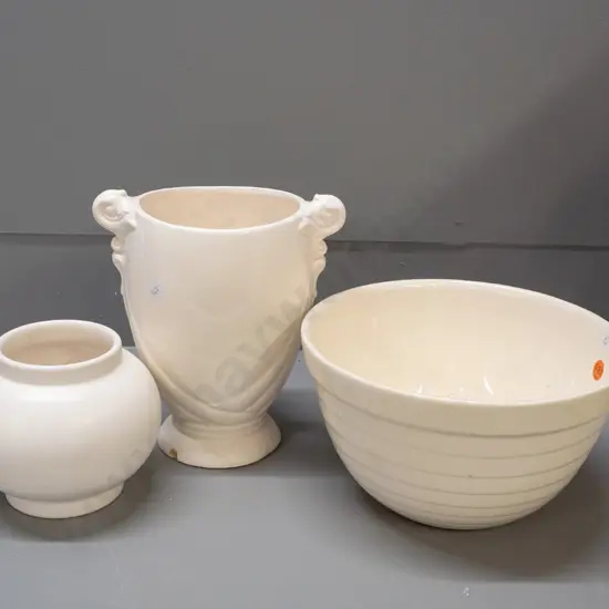 3 vintage Crown Lynn items with issues - globe shaped vase with hairline crack to top rim, handled vase with chips to