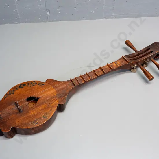 hand-made (Thai?) stringed instrument - has peg and guitar machine head tuners, missing one peg, needs restringing,