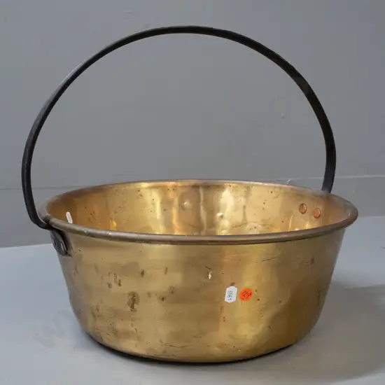 brass jam pan with iron handle - overall wear and denting H-350 D-400
