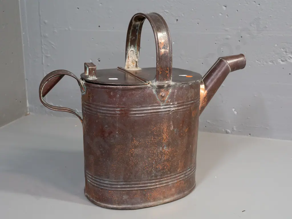 vintage watering can, copper plate over galvanised tin. Some discolouration, denting, side handle missing one support, a Image 1++